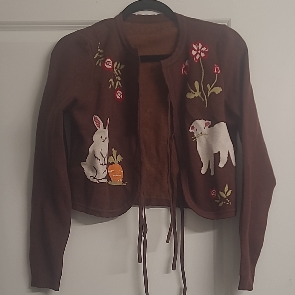 Brown Cropped Sweater with Animal Embroidery